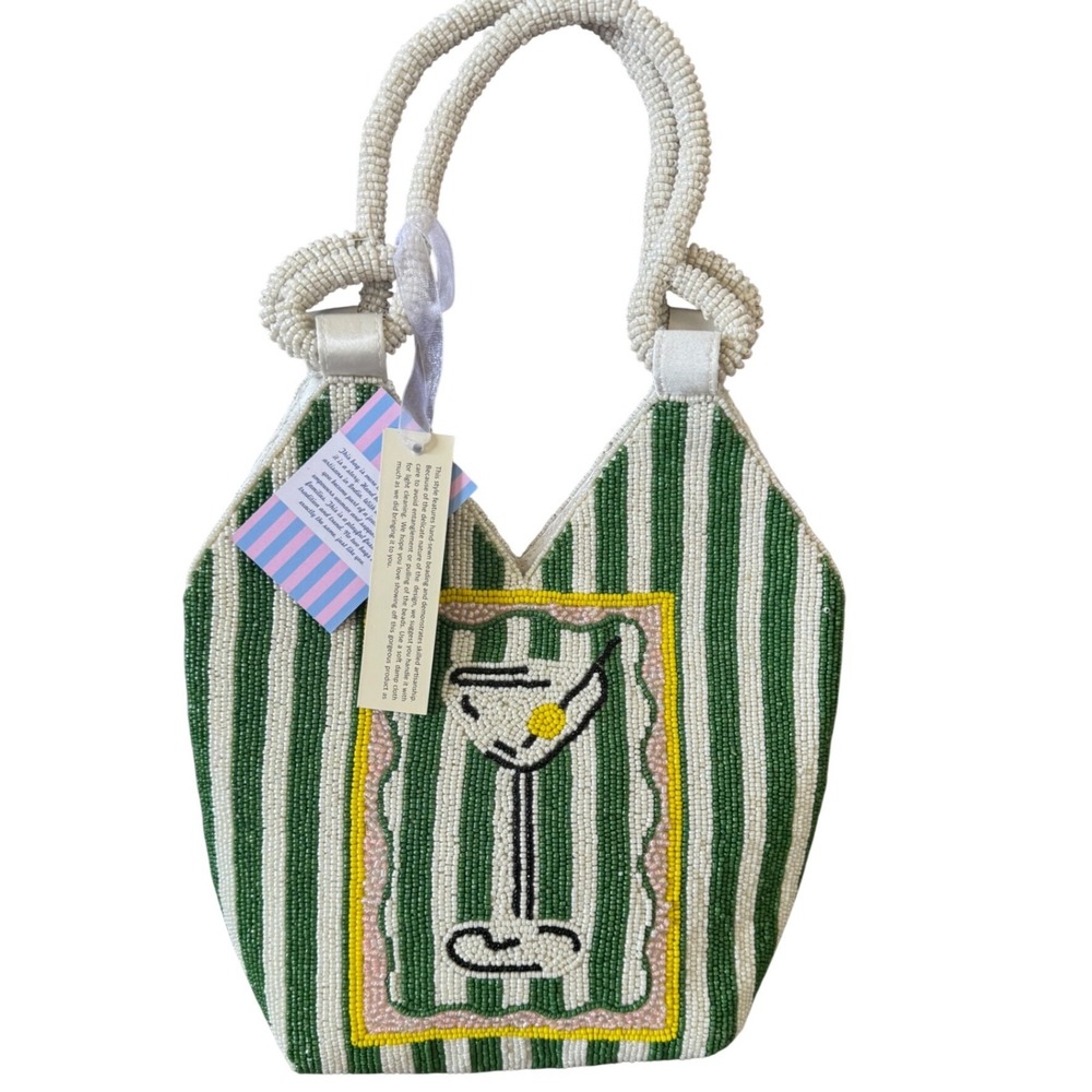 Viral‎ Handcrafted Green White Stripes Yellow Beaded Martini Cocktail Tote Bag